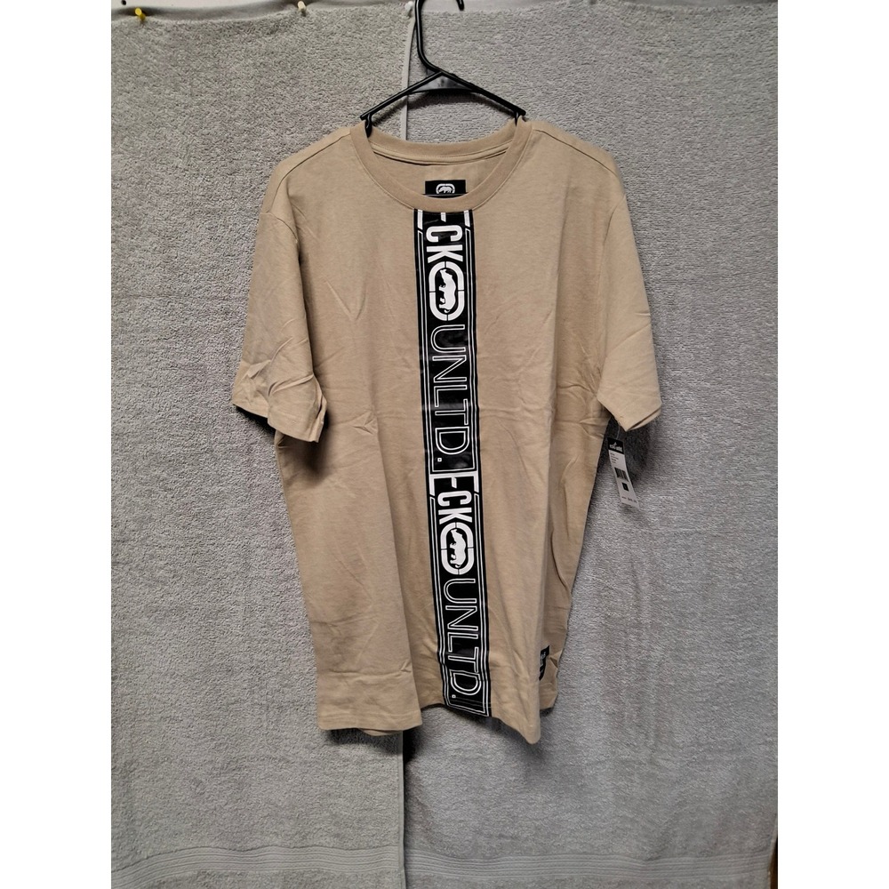 Ecko Unltd Mens Tan Khaki Vertical Logo Stripe Graphic T-Shirt Large New(b4)